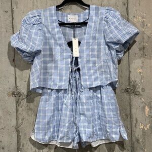 Mable NWT Small Blue Gingham Arleth Stripe Blouse And Shorts Set Puff Sleeve Tie